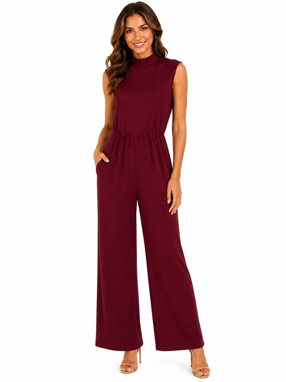 Pretty Garden Mock Neck Wide-Leg Jumpsuit in Deep Wine NWT Xl